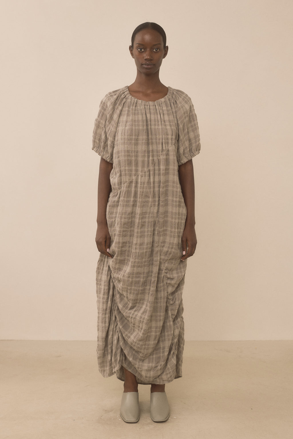 PLAID SHIRRED DRESS