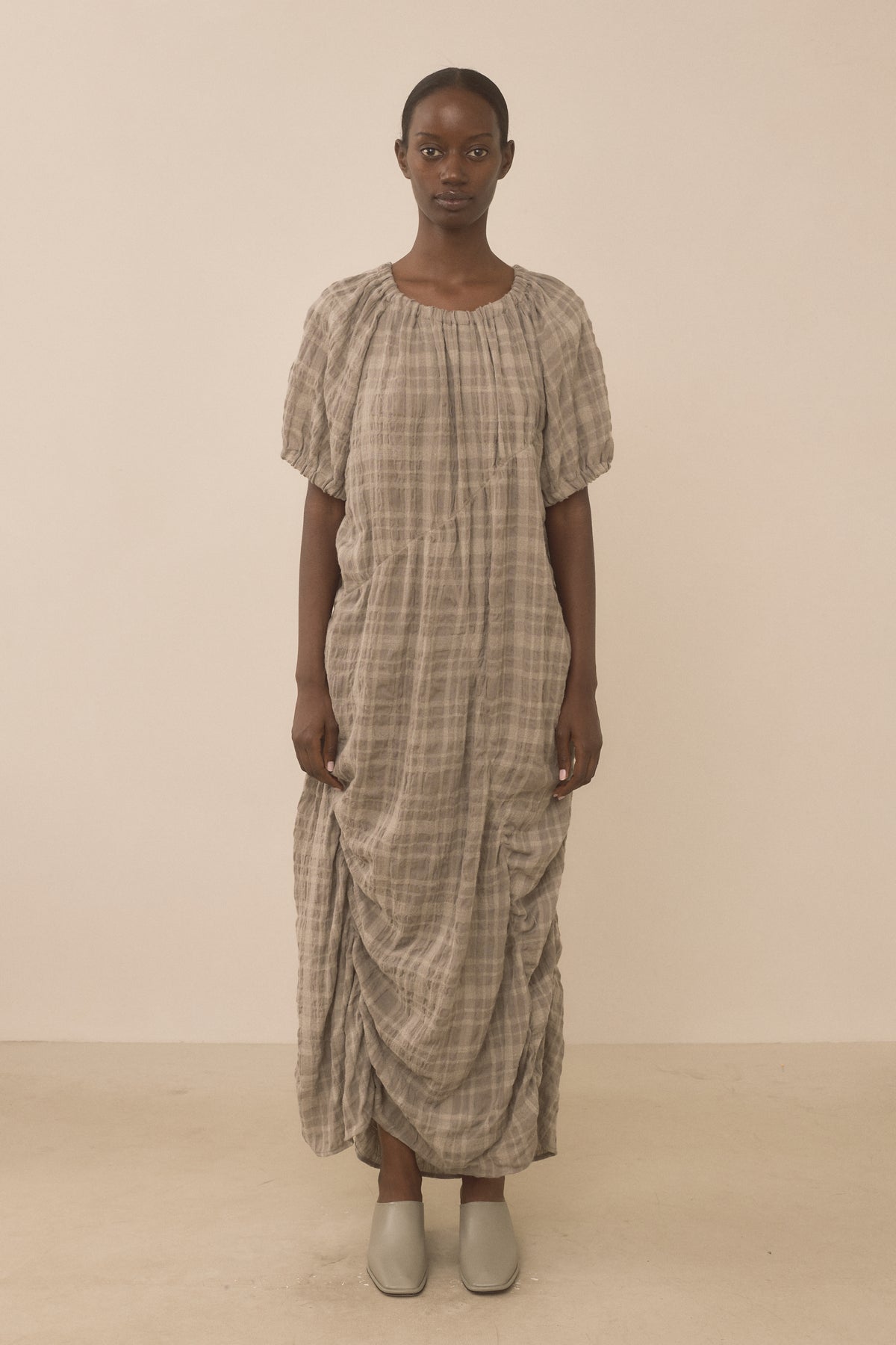 PLAID SHIRRED DRESS