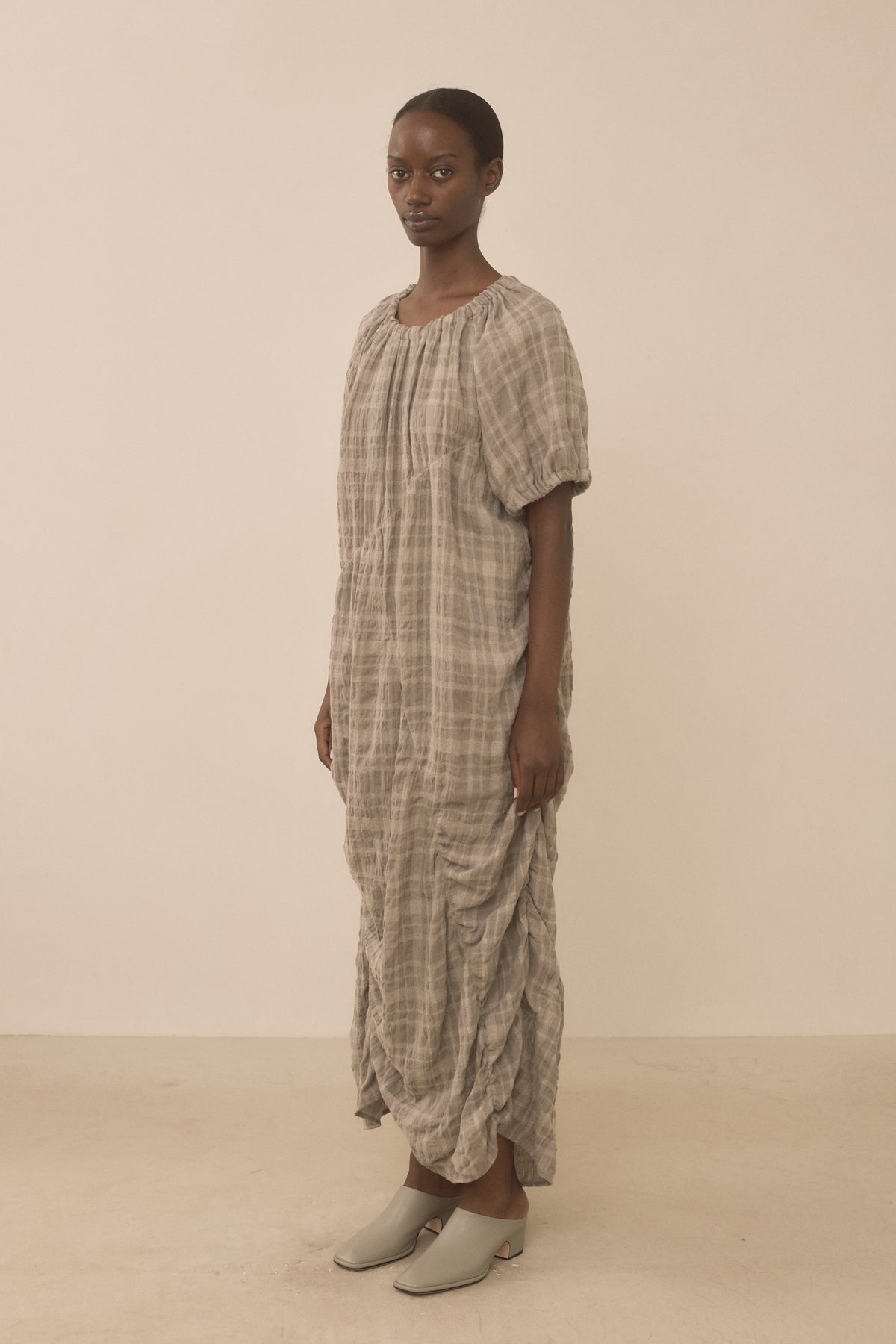 PLAID SHIRRED DRESS